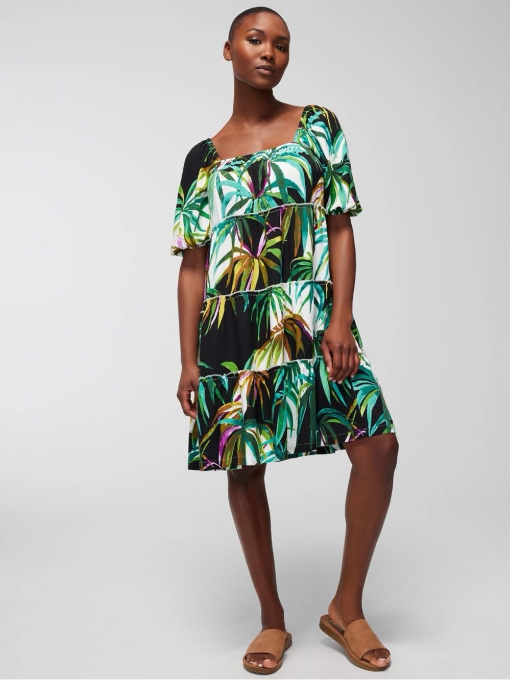 Soma Black Tropical Leaf Tiered Midi Dress EUC